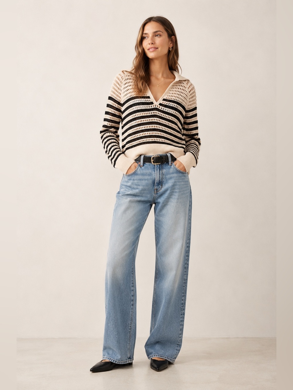 J.Crew Crochet sailor-collar sweater in stripe cream black XXS